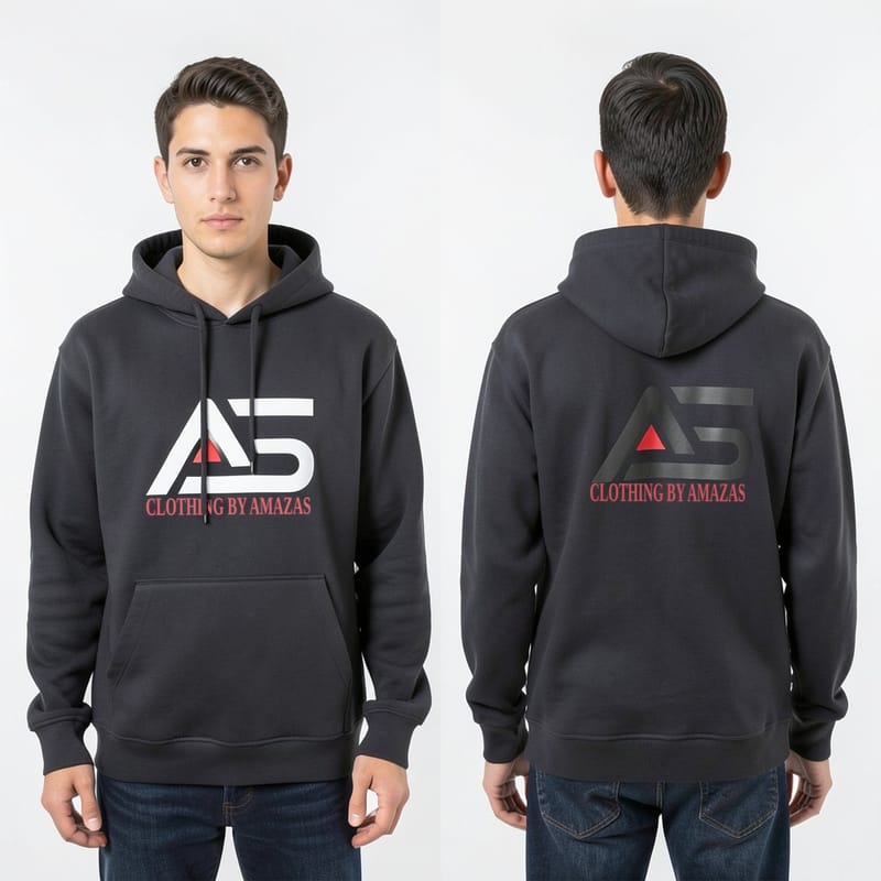 Custom black hoodie, front and back, with Amazas branding