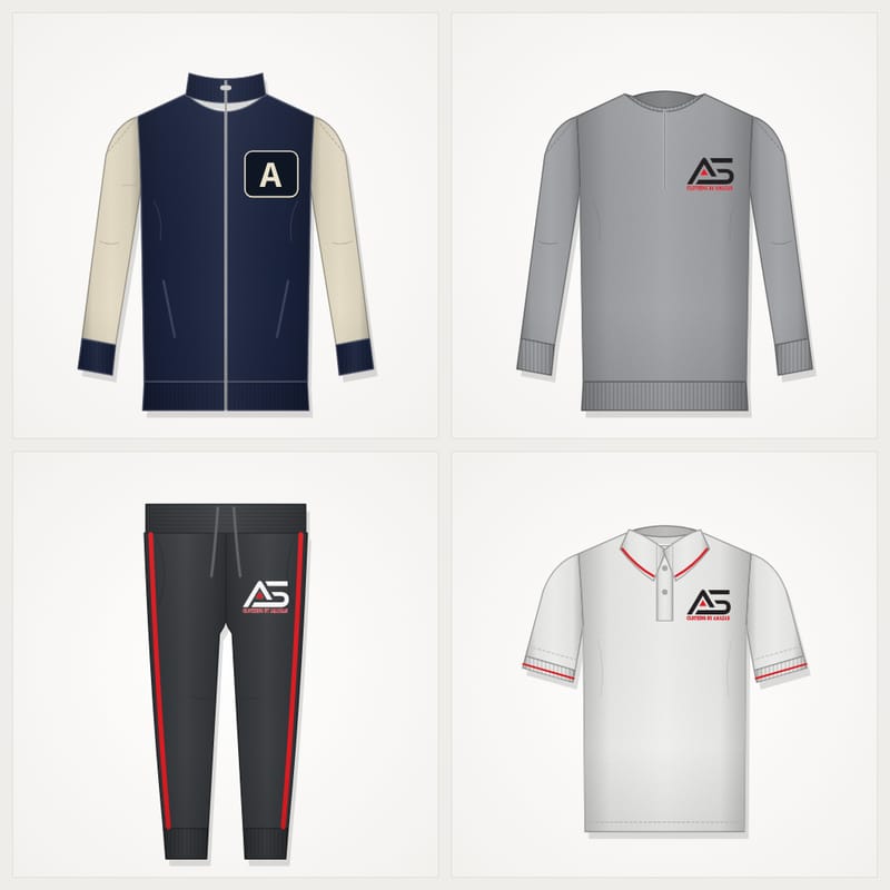 Examples of OEM custom apparel: varsity jacket, quarter-zip, joggers and polo