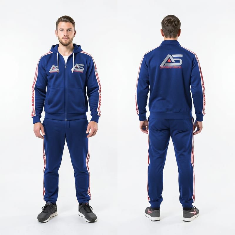 Custom navy tracksuit with red side tape, front and back